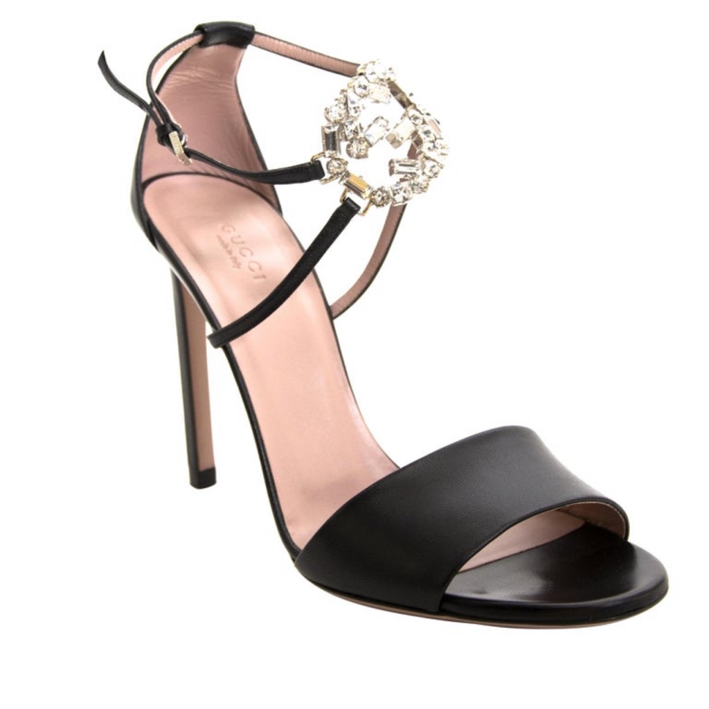 Gucci Black Leather Crystal Logo Ankle Strap Sandals
